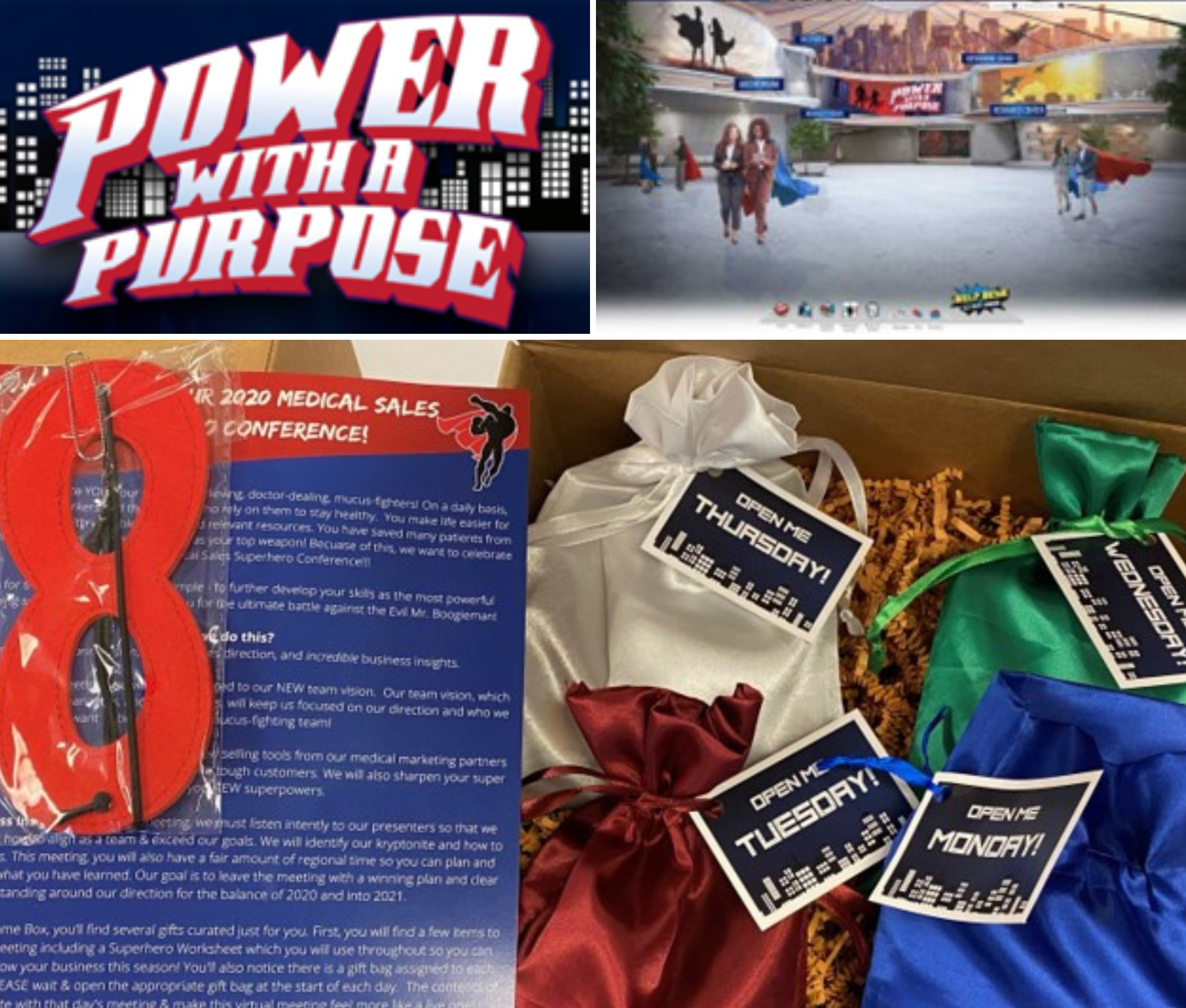 Power with a purpose theme of virtual event tied to dimensional mailer with superhero mask and other gifts